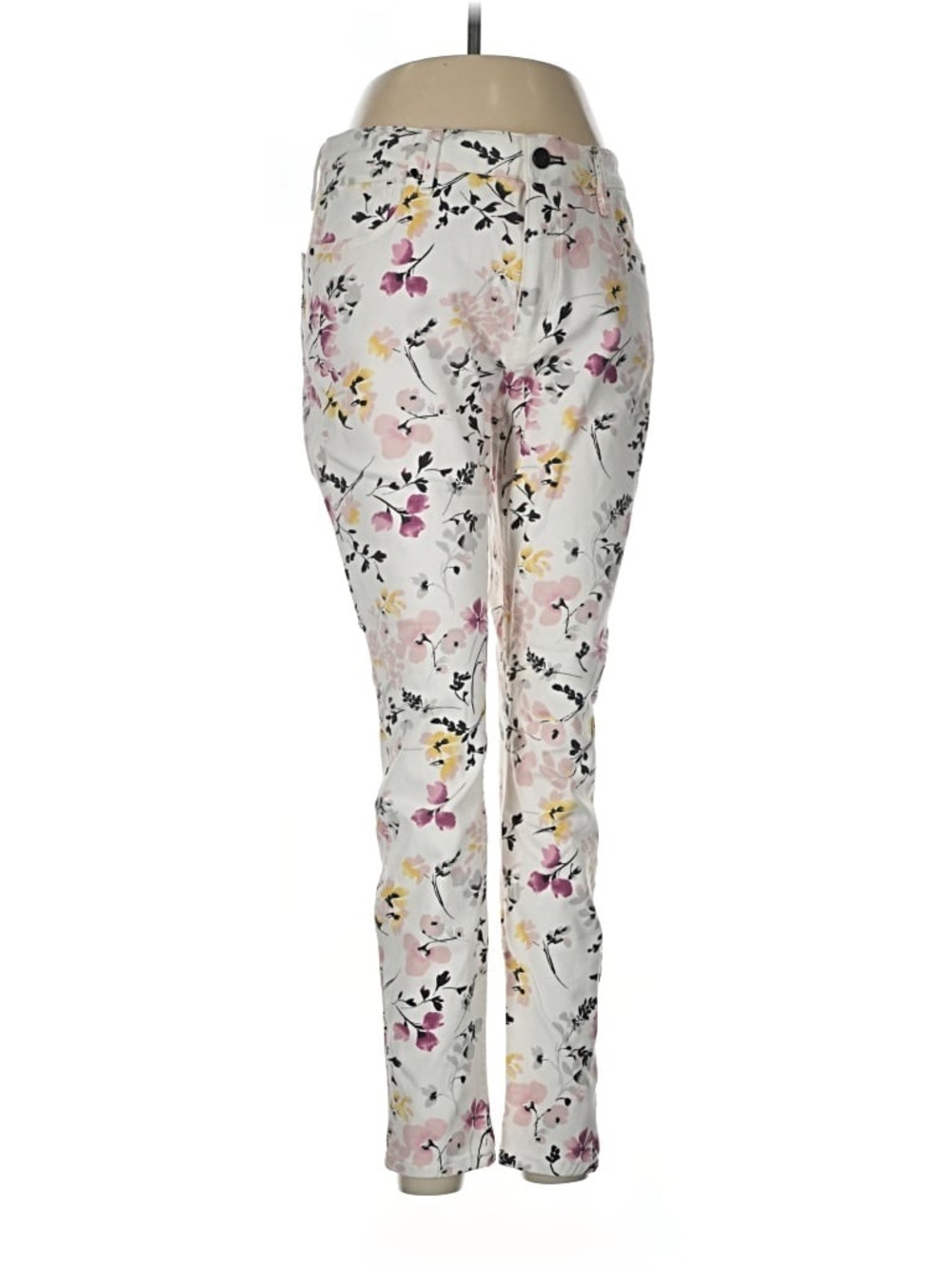 White House Black Market White Floral Skinny Pants with Pink & Yellow Blooms